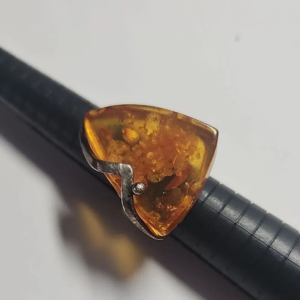 Triangular Amber Sterling Silver Ring Size 8.25 Adjustable RARE Design